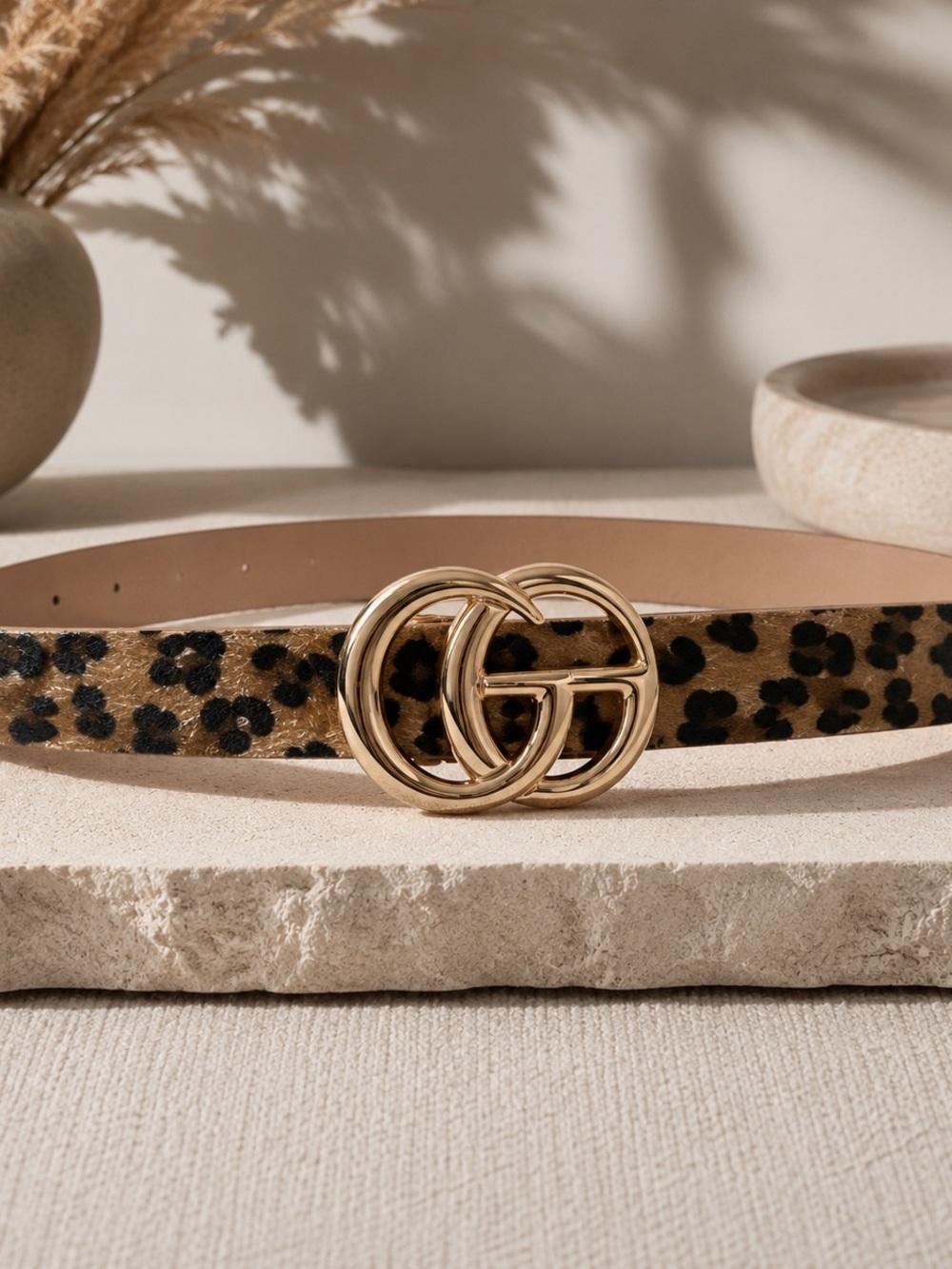 Leopard Print Faux Leather Double Ring Belt Gold Buckle 43 Long Preppy Luxury